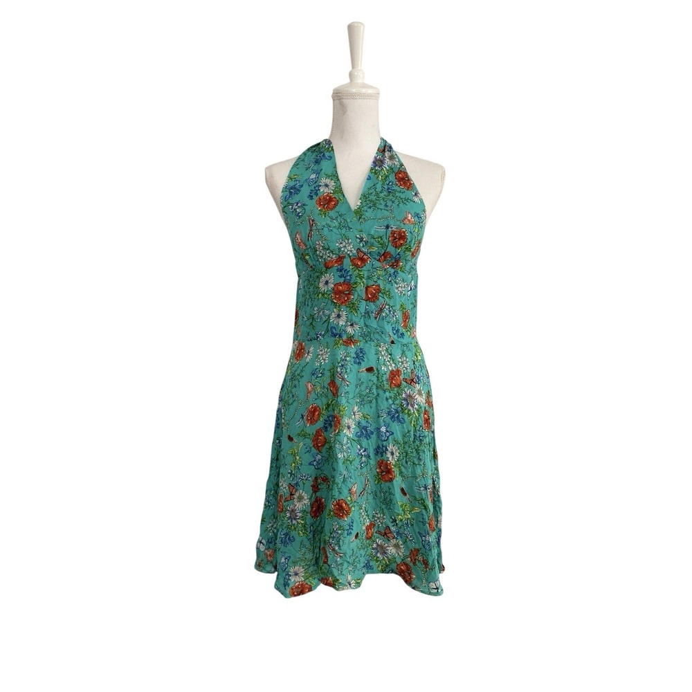 Hawaiian Dress Women Sz 38 Blue Tropical Sleeveless Halter Nautical Vacay Beachy